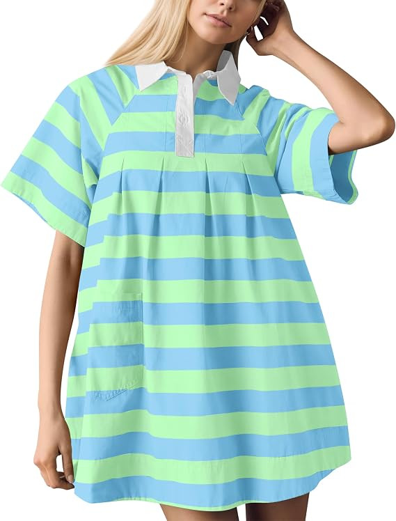 Meladyan Women's Striped Polo Dress Lapel Mini Dresses Cute Stripes Pleated Shirt Dress Summer Be... | Amazon (US)
