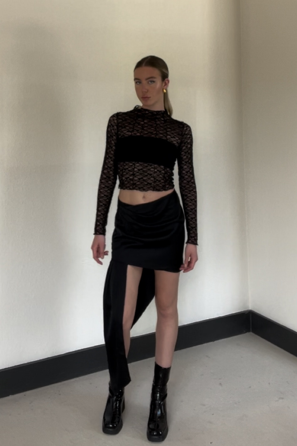 asymmetric skirt, bandeau top, sheer lace top, platform boots, all black outfit

#LTKU #LTKstyletip #LTKshoecrush