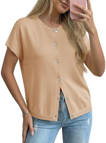 Saodimallsu Womens Oversized Cardigans Summer Short Sleeve Lightweight Knit Button Down Crew Neck... | Amazon (US)
