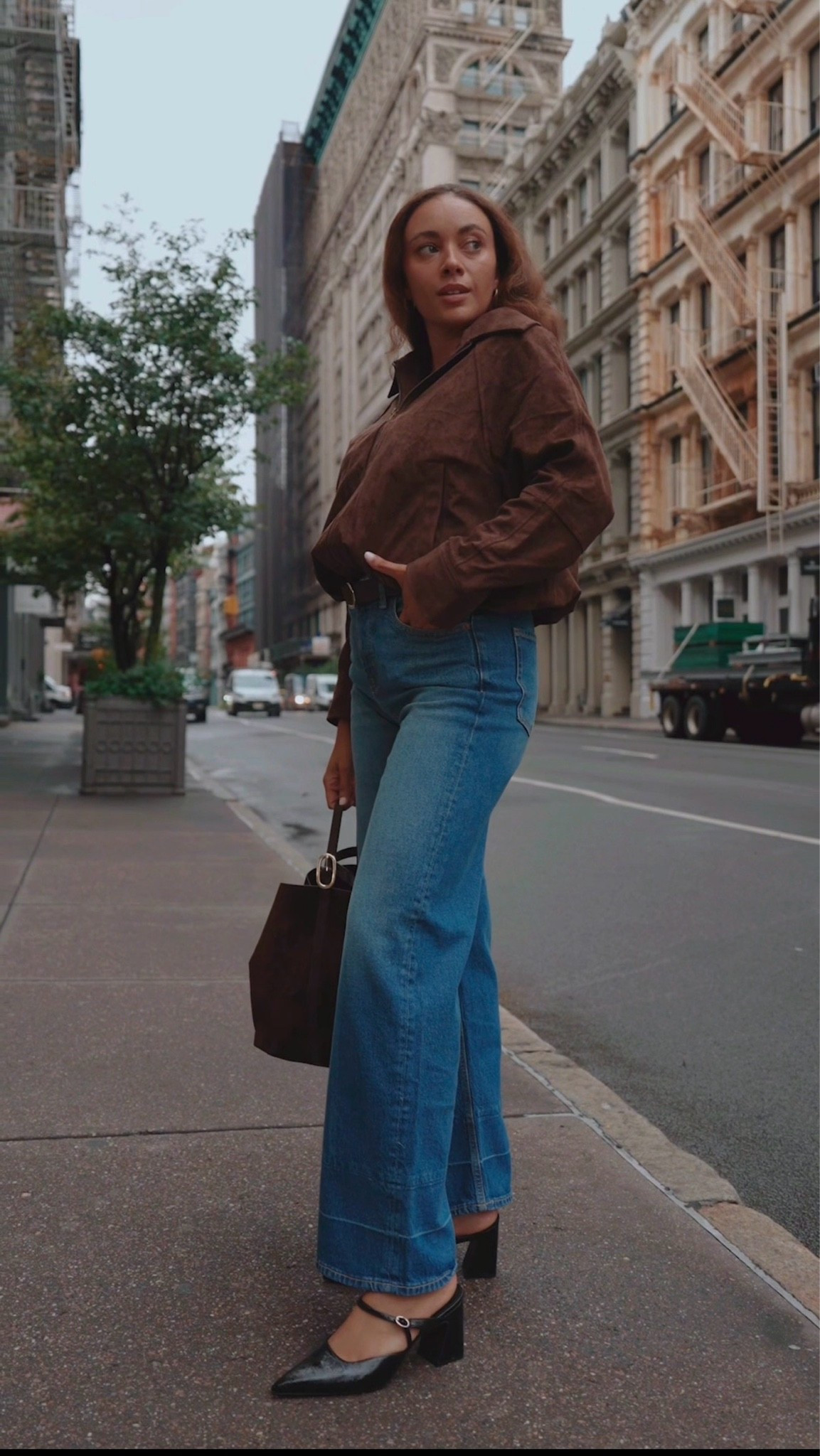 Fall street-style outfit inspo: mocha suede bomber jacket, high rise medium wash jeans, black heels, and a tote bag

#LTKootd #LTKSeasonal #LTKgrwm
