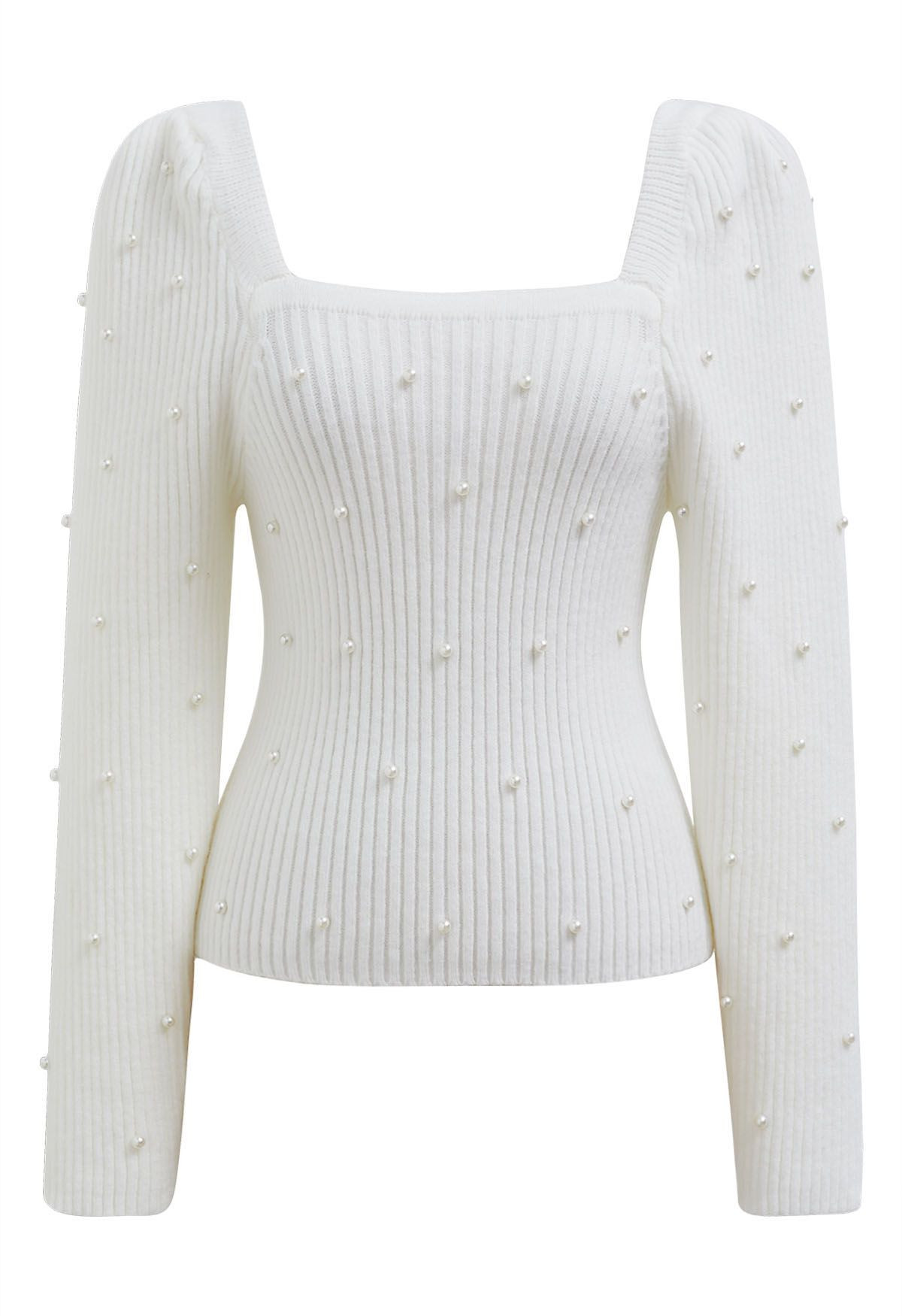 Pearl Adorned Square Neck Knit Top in White | Chicwish