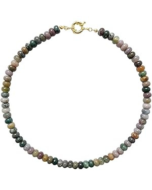 Beaded Gemstone Necklace for Women, Pure Color Boho Bead Choker Natural Stone Surfer Beach Rainbo... | Amazon (US)