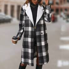 Plaid Print Double Breasted Notched Collar Woolen Coat | SHEIN