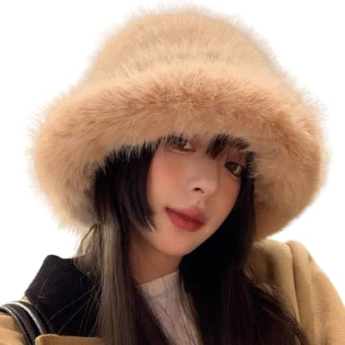 Winter Fluffy Faux Fur Plush Bucket Hat for Women Fuzzy Warm Fisherman Cap Outdoor Thick Winter Hat for Ladies (Khaki) | Amazon (US)