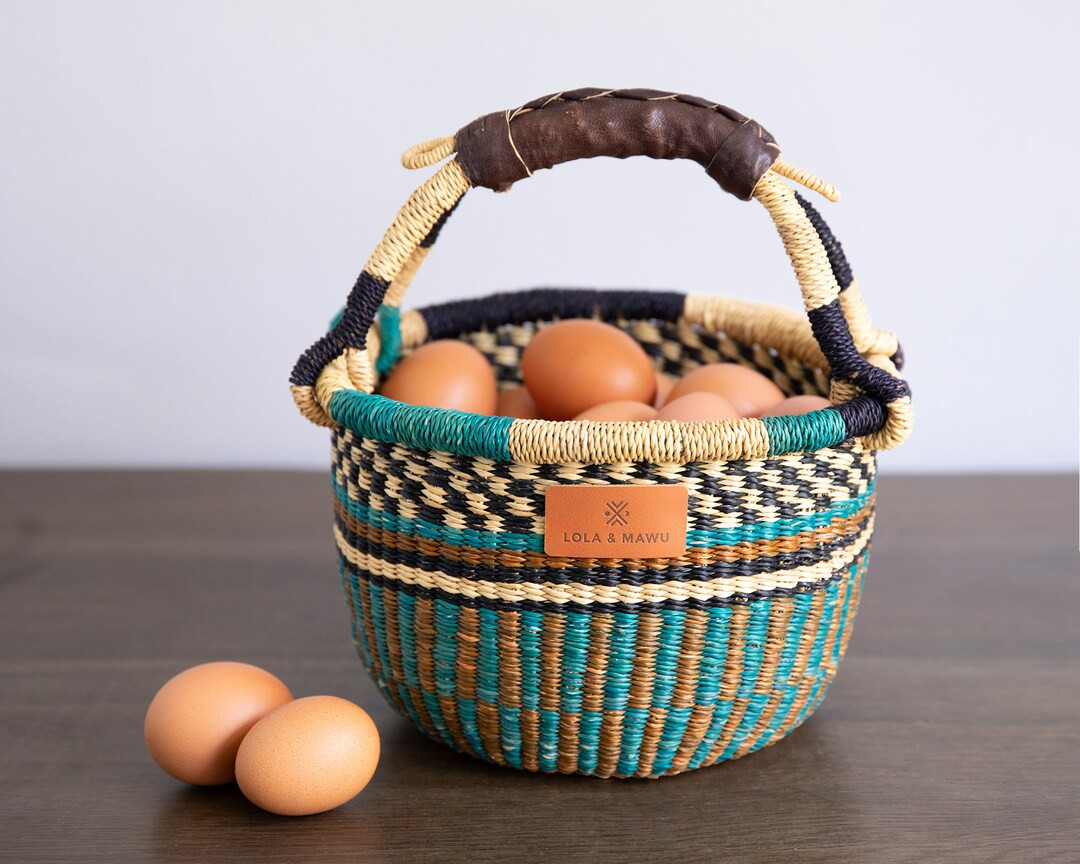 Small, Round, Bolga Basket - Tosya - Colourful, African Basket, Handwoven Basket, in Teal and Oli... | Etsy (US)