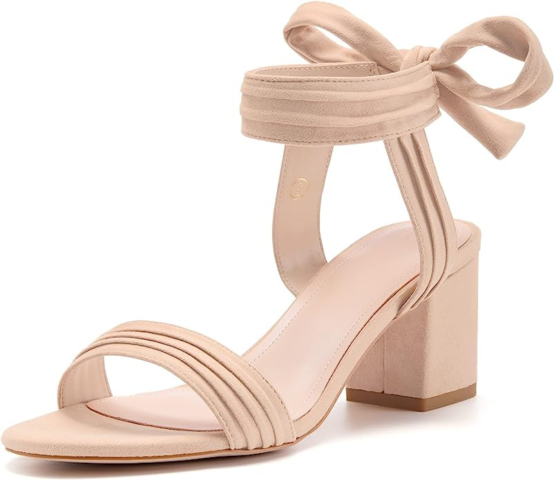 Coutgo Womens Open Toe Ankle Tie Back Low Block Chunky Heels Sandals Party Dress Pumps Shoes | Amazon (US)