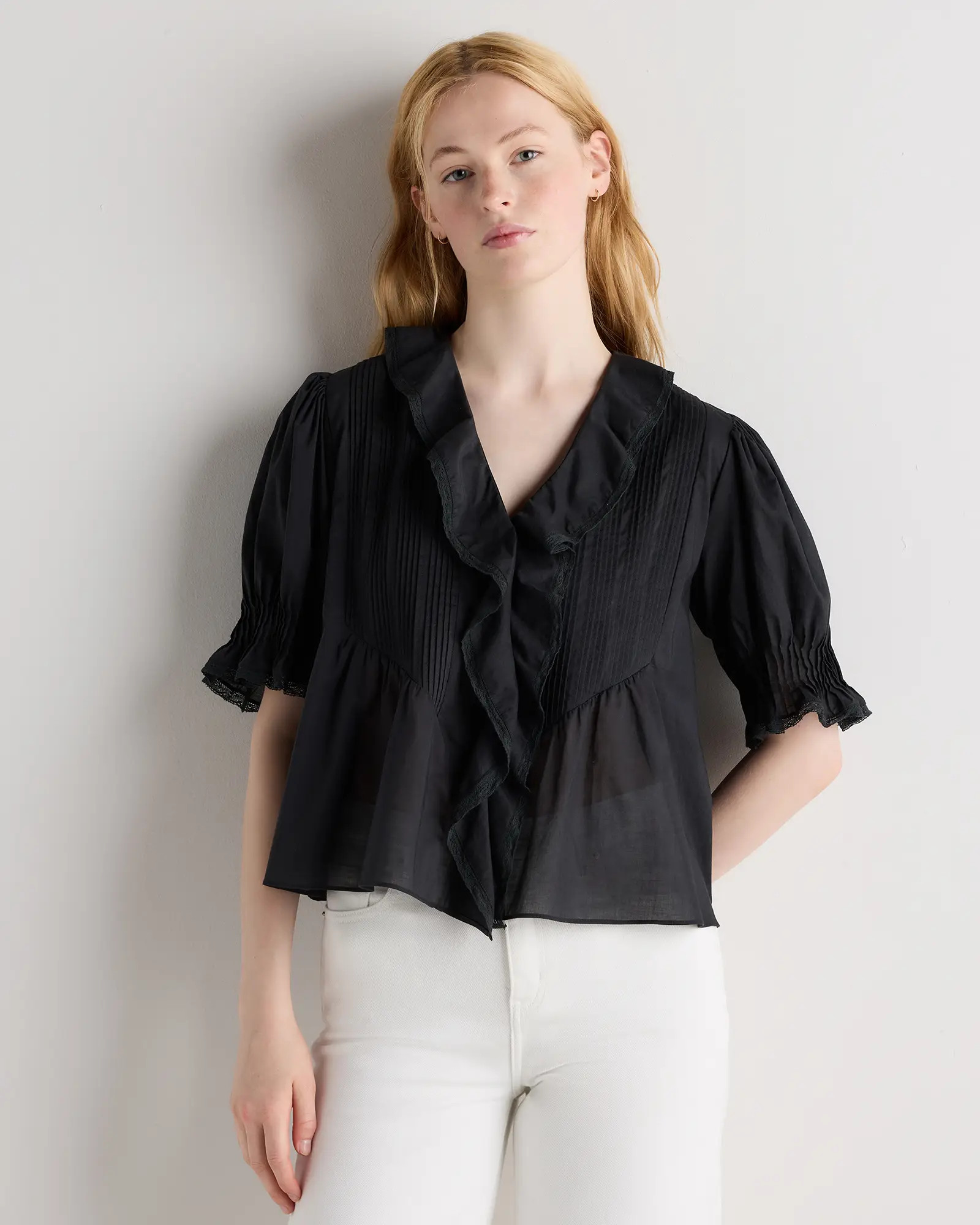 Organic Cotton Voile Short Sleeve Peasant Blouse in True Black | Quince