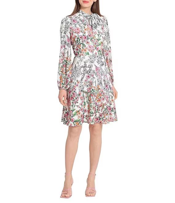 Floral Print Tie Neck Long Sleeve Fit and Flare Mini Dress | Dillard's