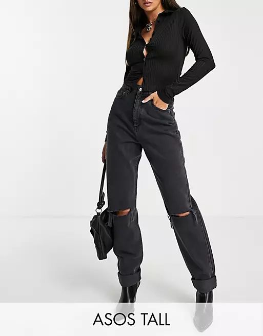 ASOS DESIGN Tall high waist 'slouchy' mom jeans in washed black with rips | ASOS (Global)