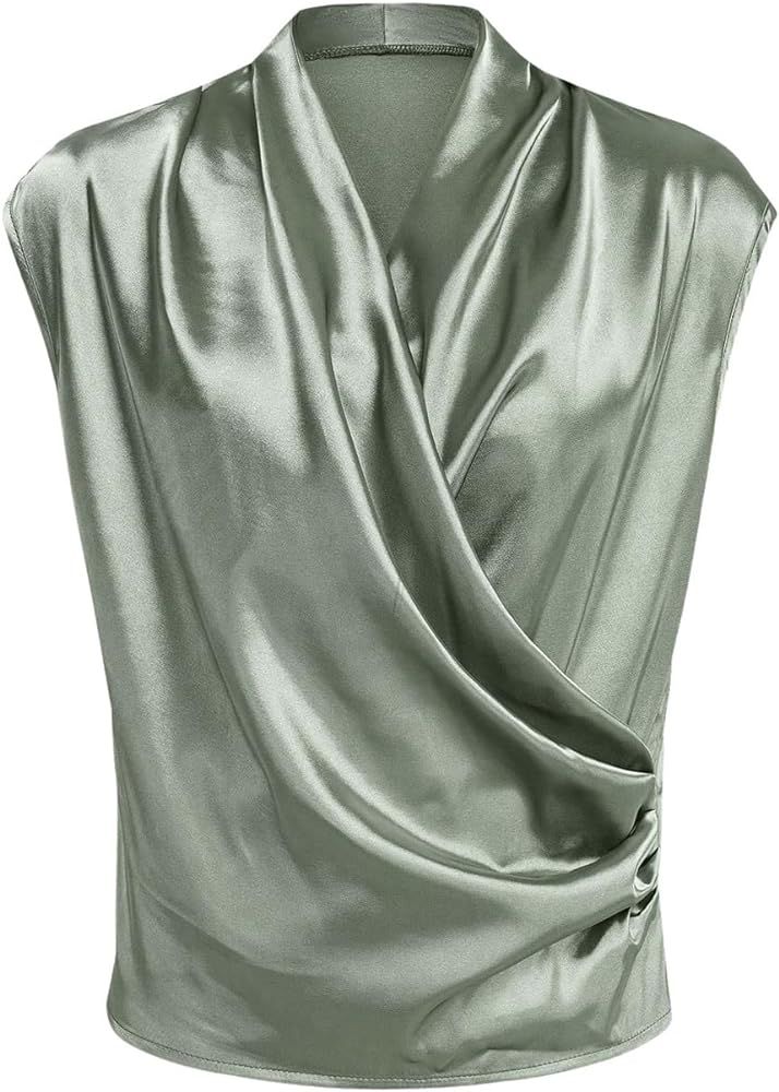 MakeMeChic Women's Satin Tank Tops Ruched Draped Front Blouse Sleeveless Wrap V Neck Shirts Top | Amazon (US)