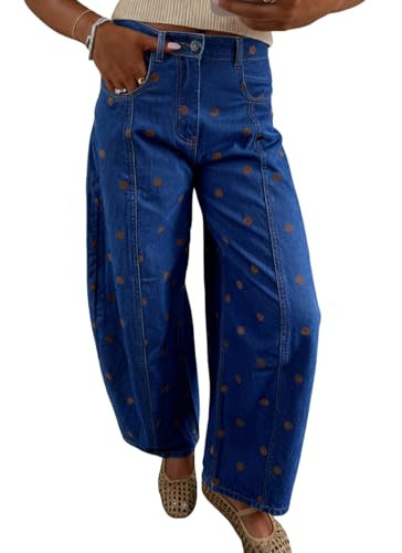 chouyatou Women's 2026 Polka Dot Pattern Barrel Jeans Boyfriend Y2K Casual Wide Leg Mid Rise Deni... | Amazon (US)