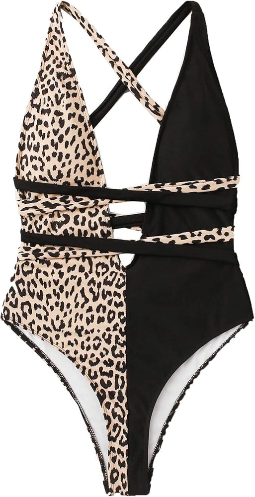 SweatyRocks Women's Sexy Bathing Suits Criss Cross Tie Knot Front Deep V Open Back Leopard One Pi... | Amazon (US)