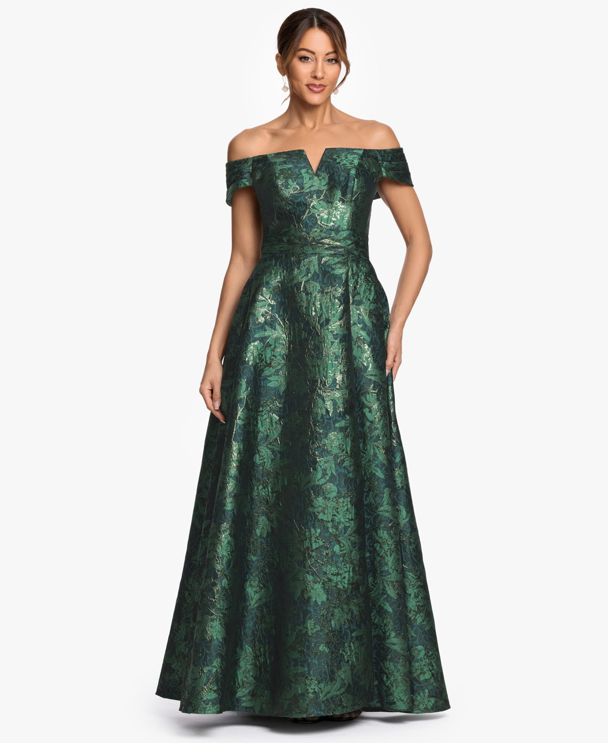 Xscape Women's Off-The-Shoulder Brocade Print Ball Gown - Green/Gold | Macy's