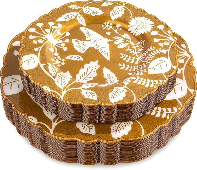 Nervure 32Pcs Brown Fall Scalloped Plastic Plates,White Bird Floral Plates Disposable include 16P... | Amazon (US)