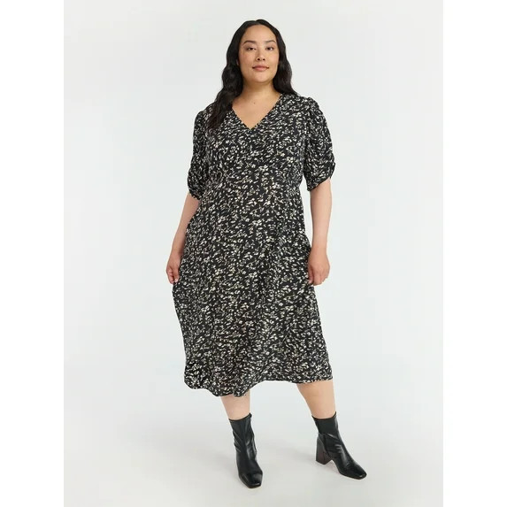 Time and Tru Women's Midi Dress with Ruched Sleeves, Sizes XS-XXXL | Walmart (US)