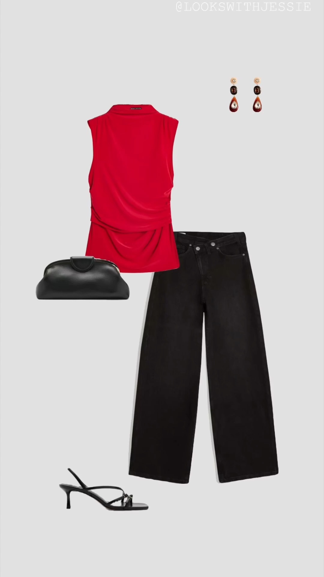 Red Ruched High Neck Top, Black Asymmetric Wide Leg Jeans &  Strappy Kitten Heels Date Night Outfit ❤️

• red top jeans and nice top formulas black high waisted wide leg jean outfits black kitten heels clutch bag evening outfits pub uk outfit autumn summer transitional outfits fall womens 2026 outfit party outfit brunch outfits partywear cross waist jeans •

#LTKuk #LTKautumn #LTKdatenight