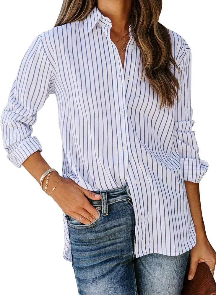 siliteelon Womens Button Down Shirts Cotton Striped Dress Shirt Long Sleeve Collared Office Work ... | Amazon (US)
