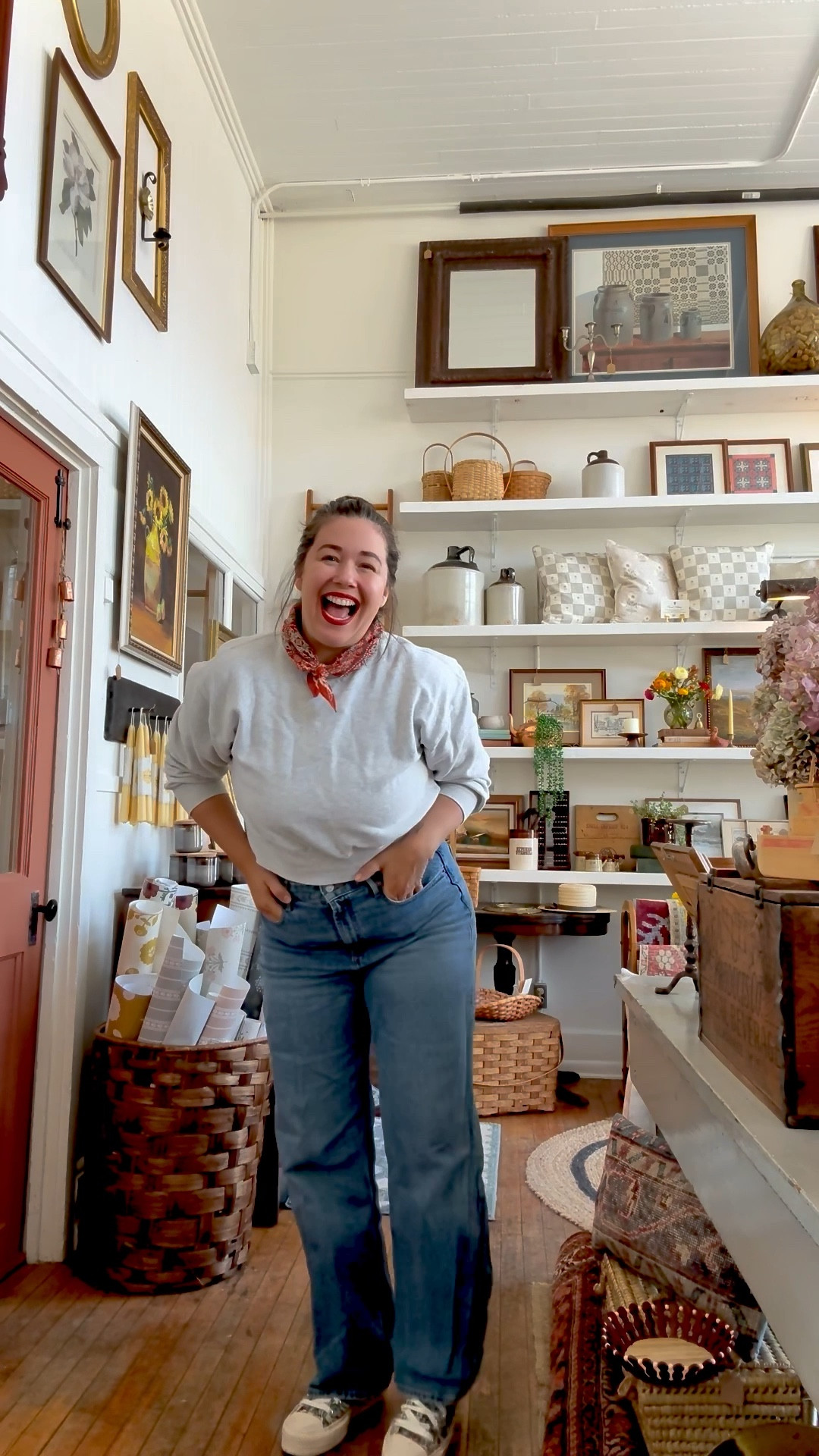 Sweatshirt and jean kinda Saturday at the shop! I feel like a red lip and bandana dresses it up a little 💋Wearing a M sweatshirt and size 12 jeans, and my floral Converse 

#LTKStyleTip #LTKMidsize