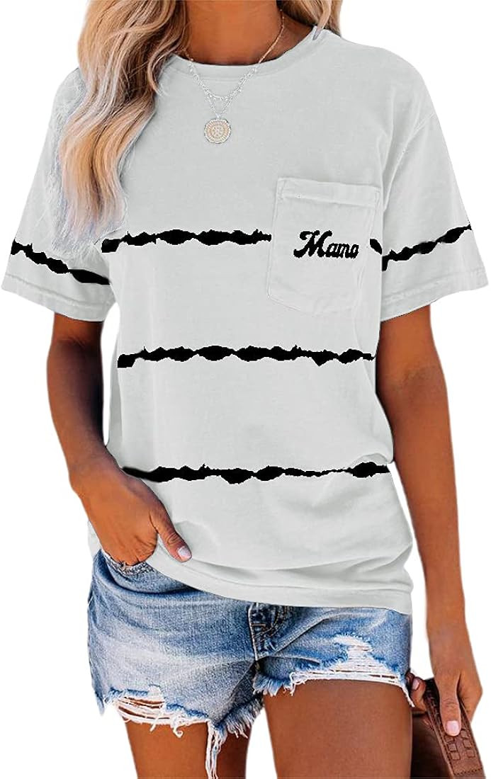 NIUBIA Women's Letter Print Basic Crew Neck Tee Summer Short Sleeve T-Shirt with Pockets Loose Fi... | Amazon (US)