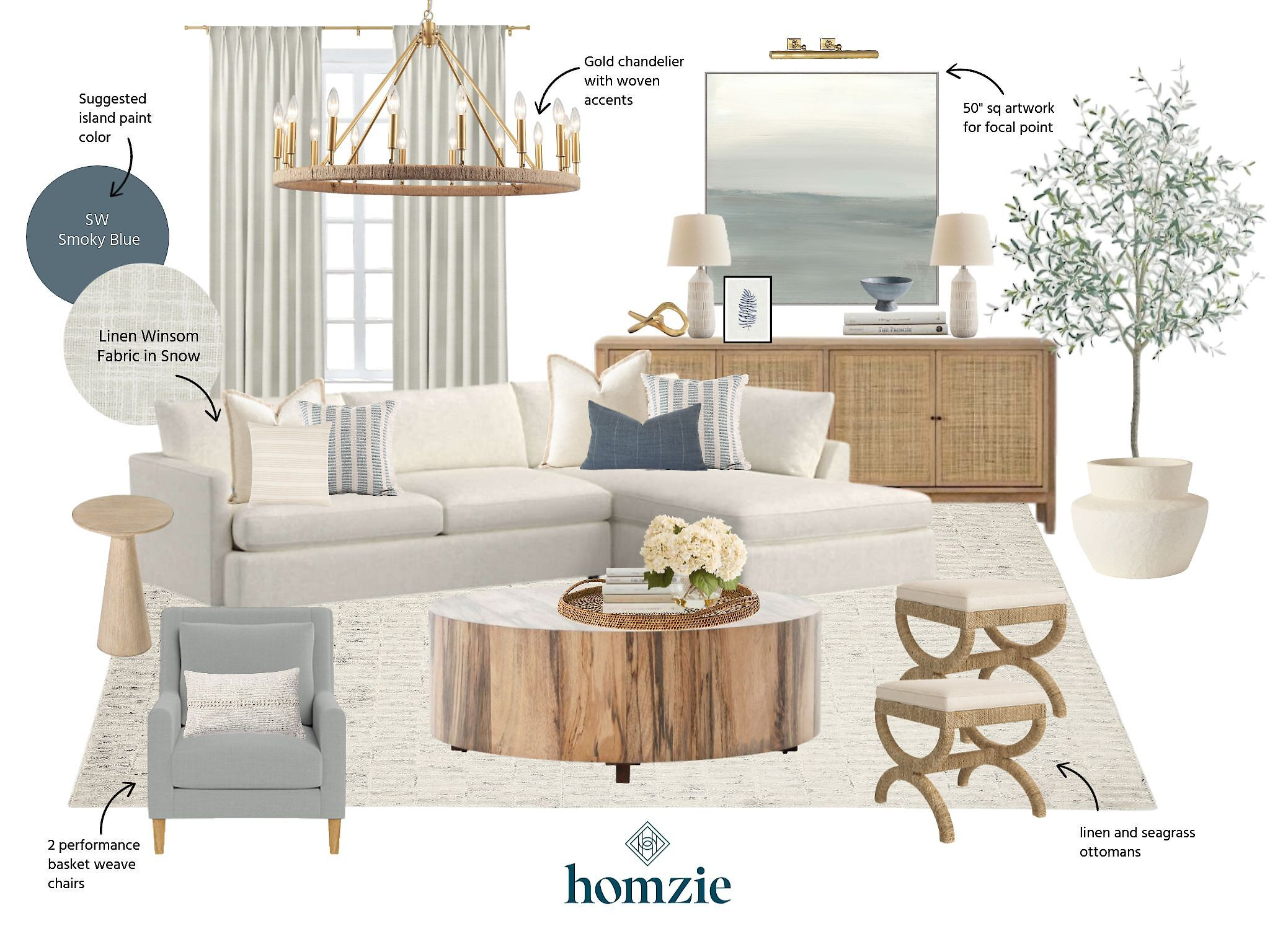 This is a cozy coastal Living Room with soft textures and natural tones. It features:  Linen Sectional, Seagrass Ottomans, Round Wood Coffee Table, Woven Console, Gold Chandelier, Basket Weave Chairs. 

 #LTKHome #LTKSaleAlert #LTKStyleTip