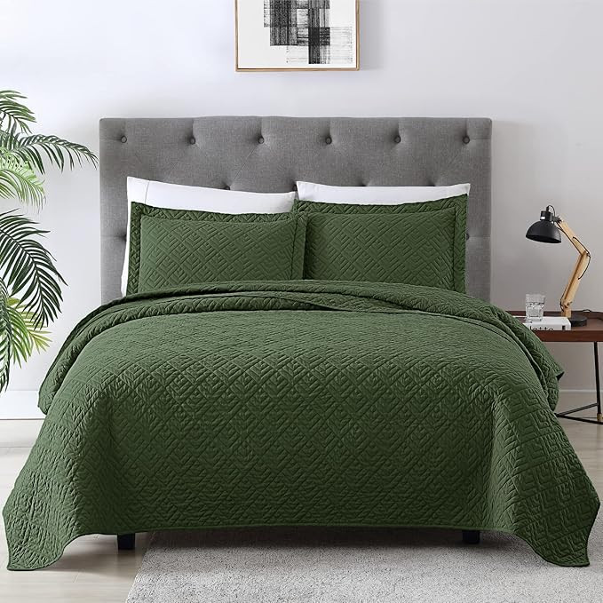 EXQ Home Quilt Set Full Queen Size Olive Green 3 Piece,Lightweight Soft Coverlet Modern Style Squ... | Amazon (US)