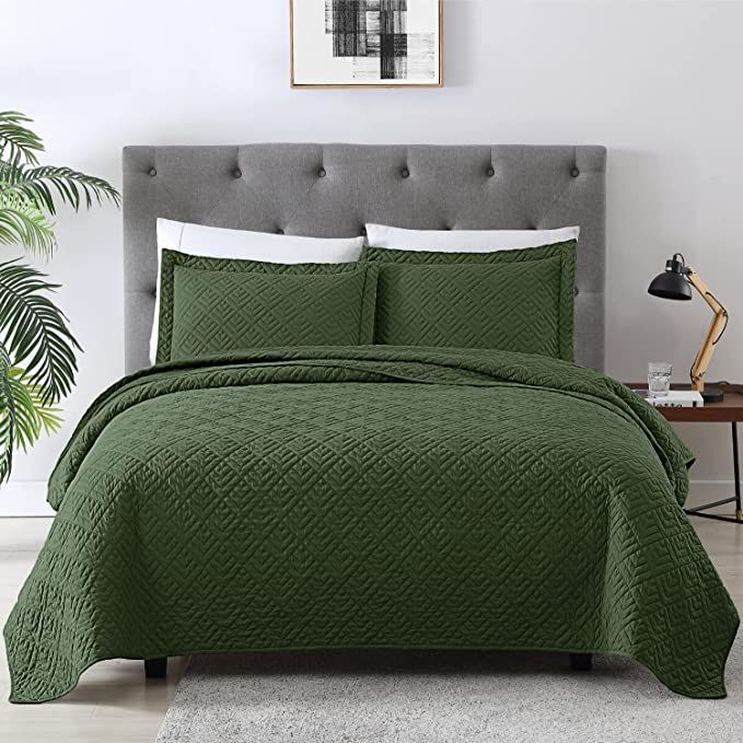 EXQ Home Quilt Set Full Queen Size Olive Green 3 Piece,Lightweight Soft Coverlet Modern Style Squ... | Amazon (US)