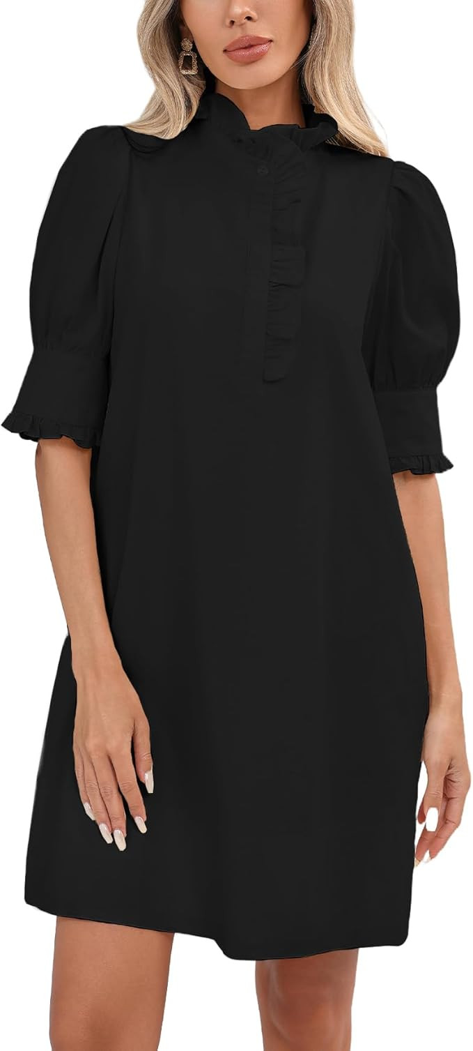 Women's Puff Short Sleeve Stand Ruffle Collar Summer Dress Casual A Line Shift Mini Dress with Po... | Amazon (US)