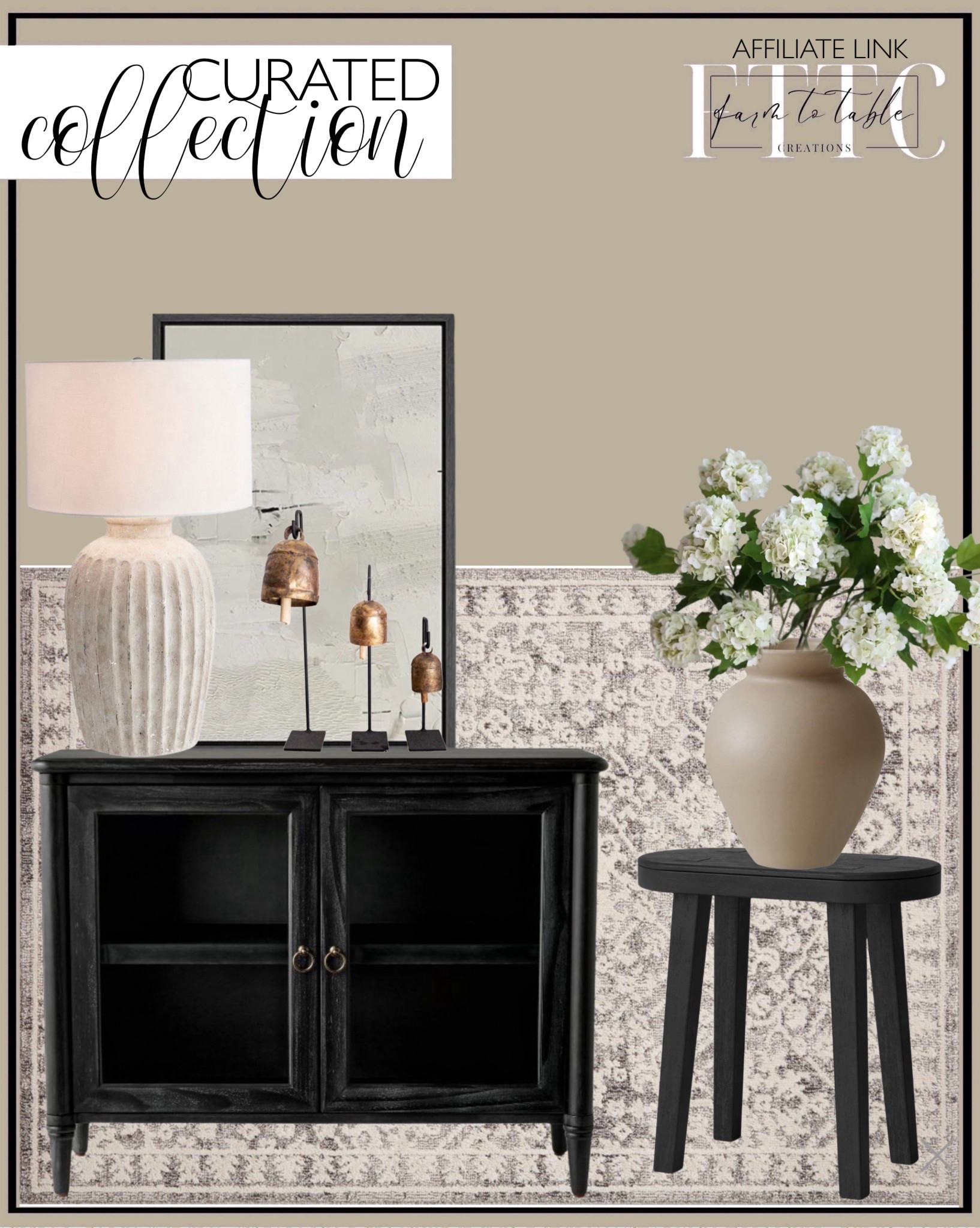 Curated Collection  Follow @farmtotablecreations on Instagram for more inspiration.

Anders Tall Terra Cotta Table Lamp  White Grunge Paint Stroke Collage Abstract Shapes " Painting Print on Canvas. Killybrooke 2 Door Glass Cabinet Black - Threshold designed with Studio McGee. Gigi - GIG-01 Area Rug Magnolia Home by Joanna Gaines x Loloi. Woodland Carved Wood Accent Table. 25" Faux Snowball Flower in Cream/Green, Real Touch Flowers, Faux Botanicals. Retro Flower Vase, Crock Milk Can Shape, Flower Arrangement, Nordic Ornament Living Room Decoration, Coconut Cafe. Bell Stands Vintage Inspired Copper Bells Meta Iron Bells Stands Luxe B Co. console inspo. Entryway inspo. 


#LTKHome #LTKFindsUnder50 #LTKSaleAlert