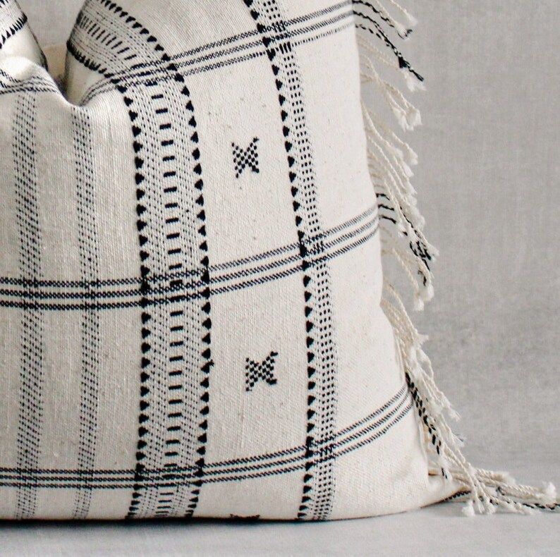 White Checkered Cotton Throw Pillow Cover With Tassels  | Etsy | Etsy (US)