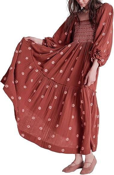 Chloefairy Women's Flower Embroidered Maxi Dress Lantern Sleeve Square Neck Tiered Flowy Spring F... | Amazon (US)