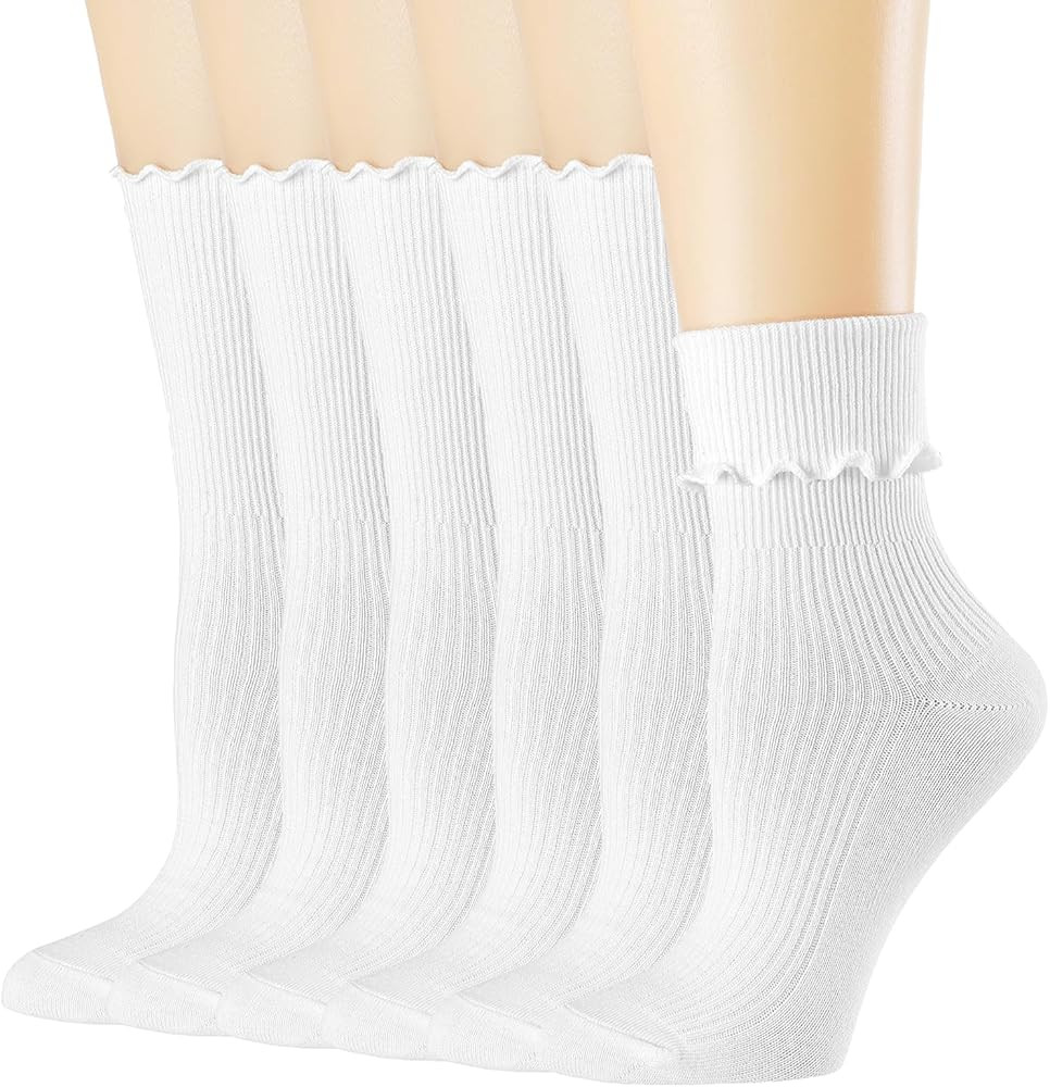 BIVOLU Womens Crew Socks Ruffle Cotton Cute Frilly Trim Breathable Ruffled Ankle Socks 6 Pack | Amazon (US)