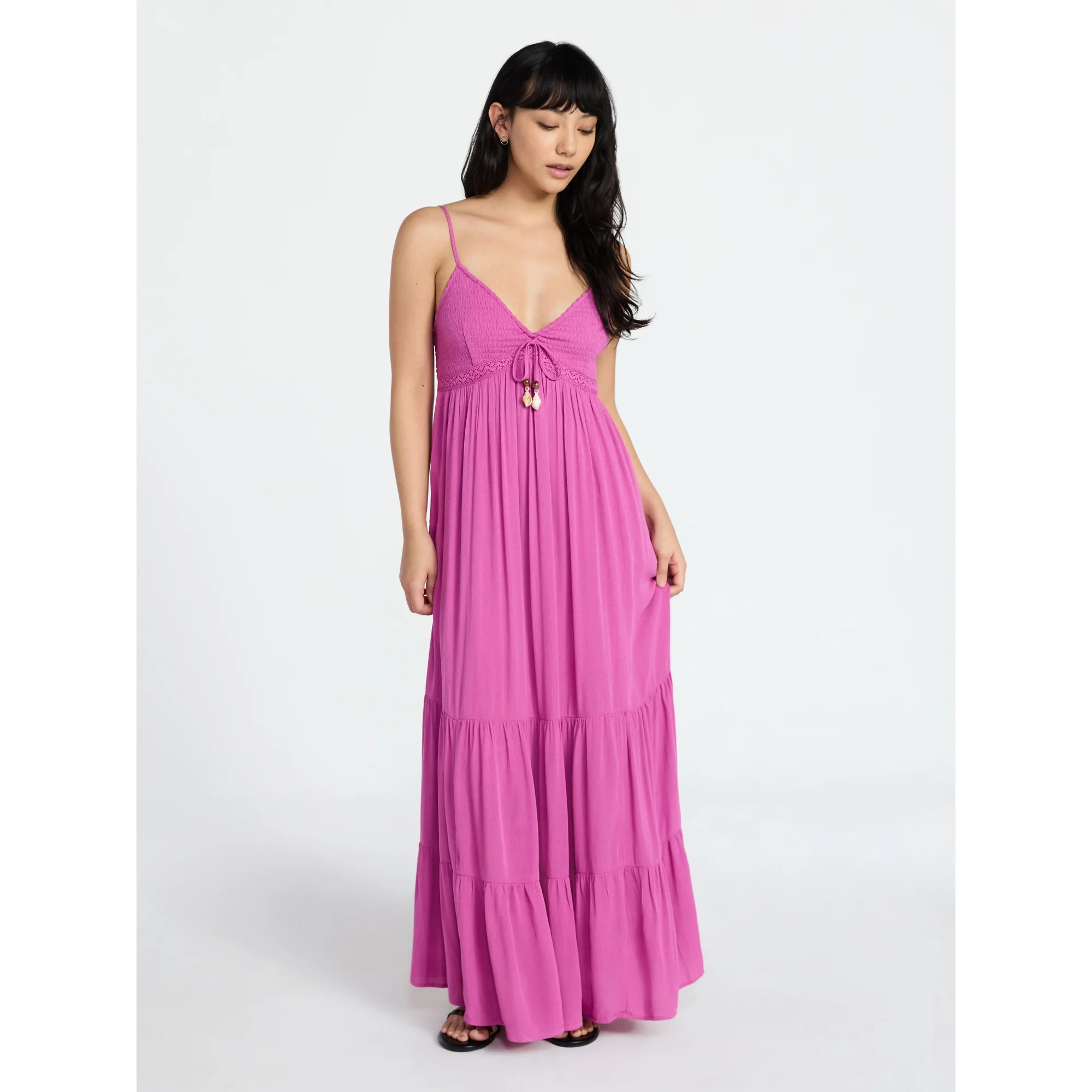 No Boundaries Crochet Lace Trim Tiered Maxi Dress, Women's XXS-XXL | Walmart (US)