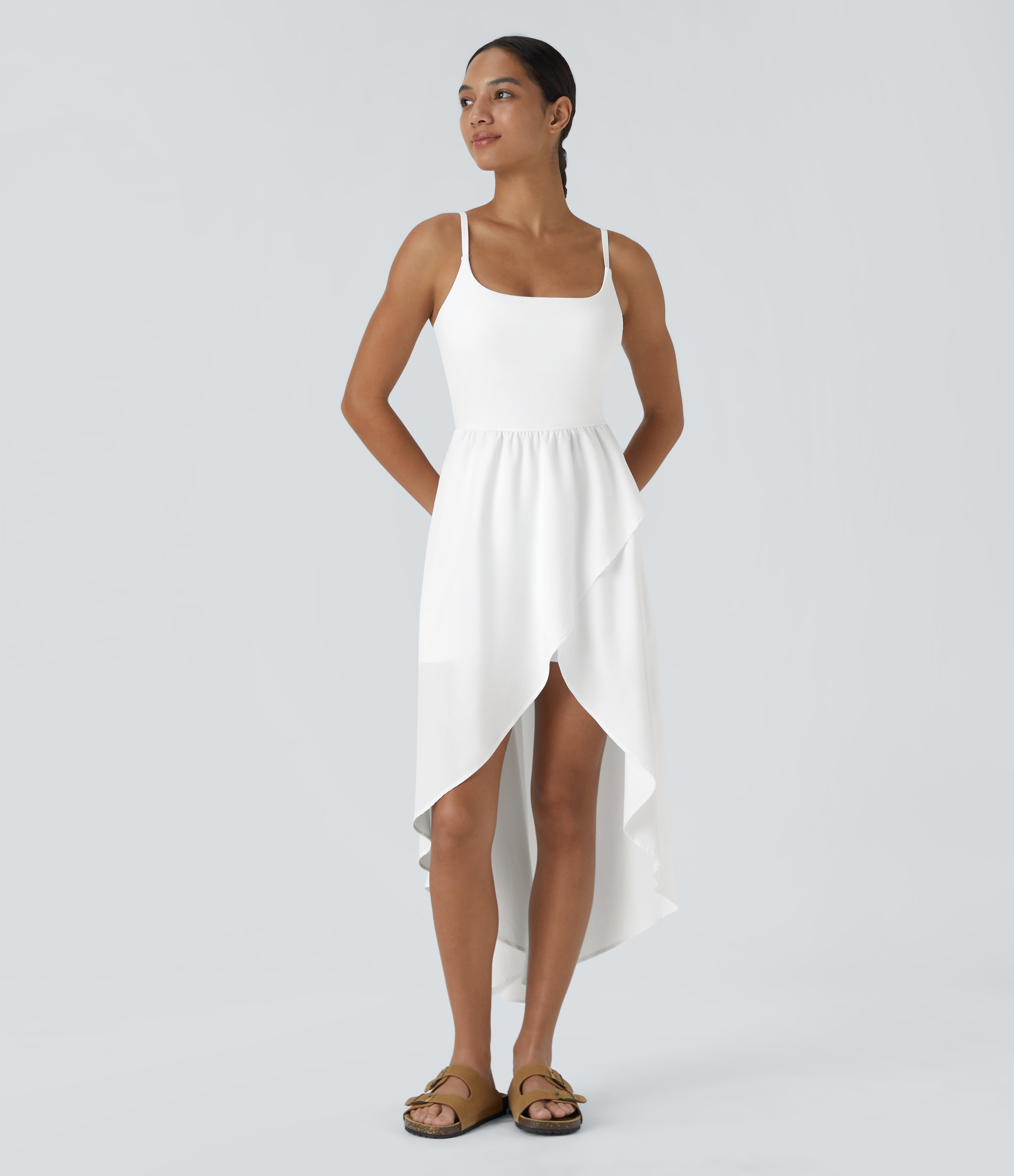 Halara Breezeful™ High Low 2-Piece Pocket Flowy Midi Quick Dry Casual Dress Casual Dress - White - L slip dress beach dress ruched dress | HALARA