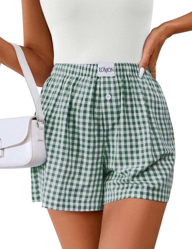 LOMON Womens Boxer Shorts Casual Summer Cotton Pajama Lounge Sleep Pj Gingham Plaid Shorts Y2K Be... | Amazon (US)