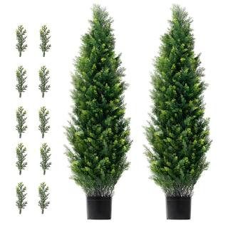 4.03 ft. Artificial Cedar Topiary Tree (2 Pieces) with Extra Leaves and Pot Faux Evergreen Fake P... | The Home Depot