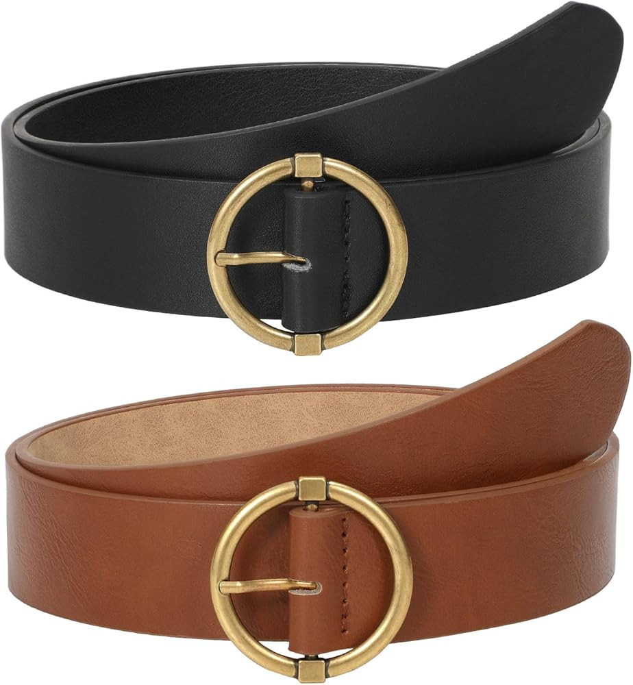 JASGOOD 2 Pack Women Leather Belt for Jeans Dress PU Leather Ladies Belt with Gold O Ring Buckle | Amazon (US)