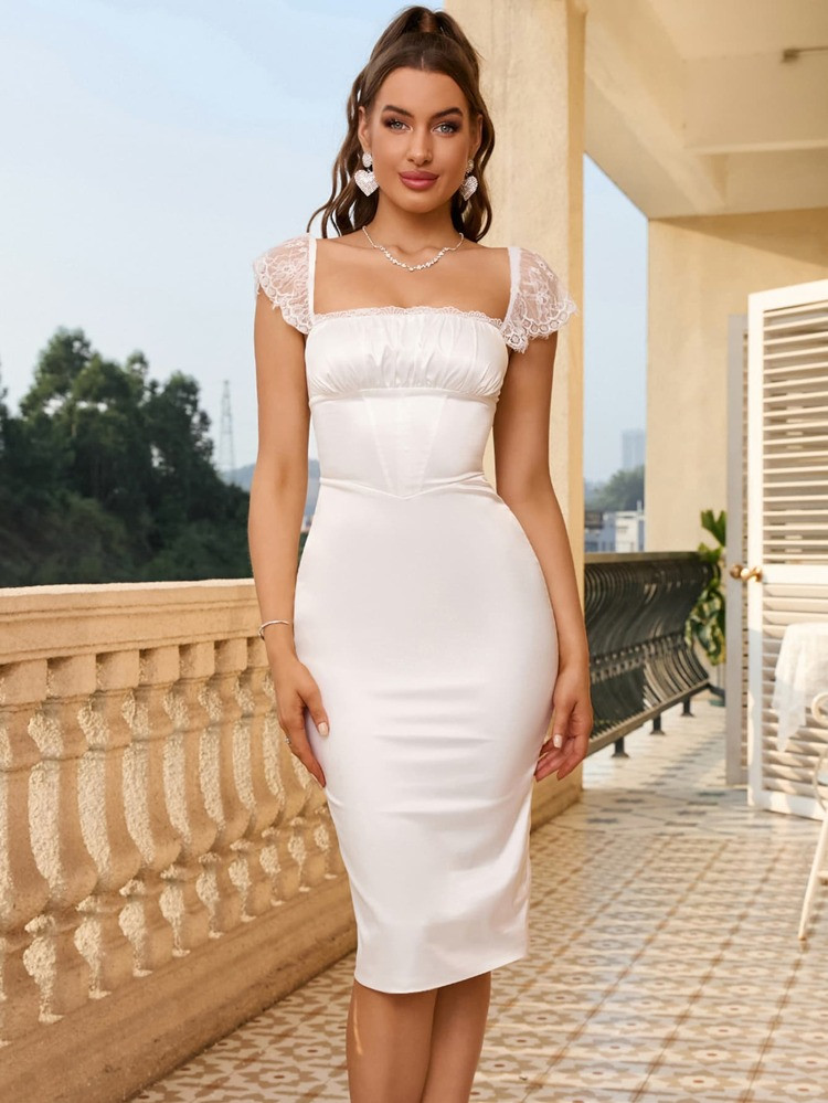 PARTHEA Contrast Lace Lace Up Back Satin Bodycon Dress | SHEIN