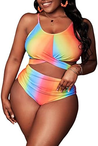 MakeMeChic Women's Plus Size 2 Piece Swimsuit Ombre Criss Cross Tie Back Ruched High Waisted Biki... | Amazon (US)