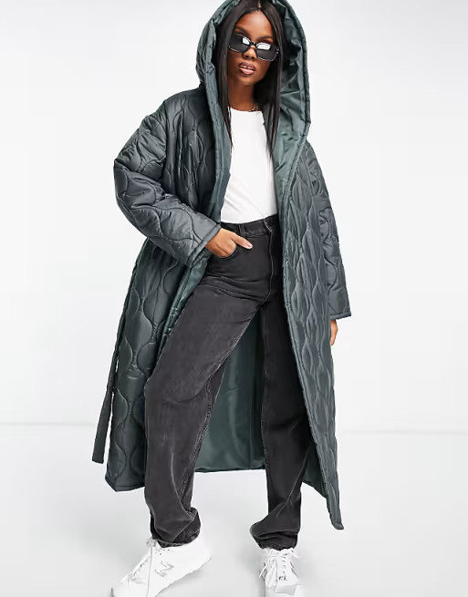 ASOS DESIGN onion quilted hooded wrap maxi coat in dark khaki | ASOS (Global)