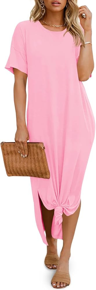 Dyexces Womens Summer T Shirt Dress Casual Drop Shoulder Round Neck Maxi Dresses Loose Side Slit ... | Amazon (US)