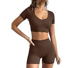 GXIN Women Workout 2 Piece Outfits Seamless Ribbed Short Sleeve Crop Tops High Waist Running Shor... | Amazon (US)