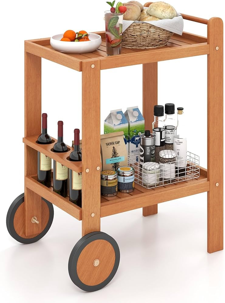 Tangkula Wood Bar Cart, Outdoor Indoor 2 Tier Rolling Serving Cart with Wine Bottle Holders and 2... | Amazon (US)