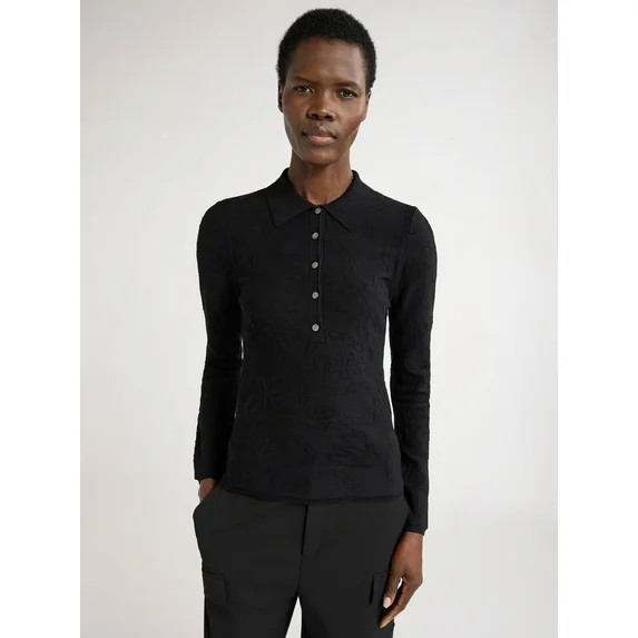 Scoop Woman's Fitted Jacquard Polo with Long Sleeves, Sizes XS-2XL | Walmart (US)