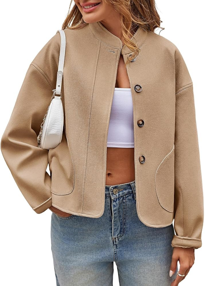 Tankaneo Womens Short Pea Coats Oversized Long Sleeve Button Down Casual Bomber Jackets with Pock... | Amazon (US)