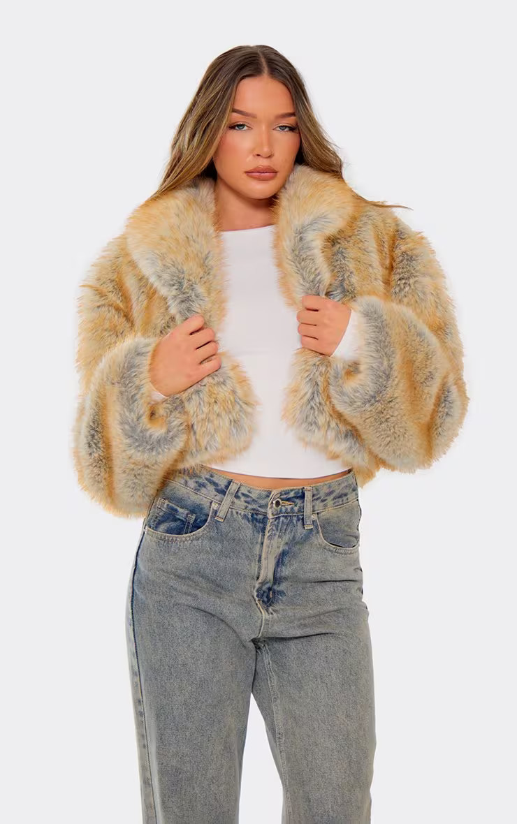 Long Sleeve Oversized Collar Detail Cropped Fur Coat In Brown | EGO Shoes (US & Canada)