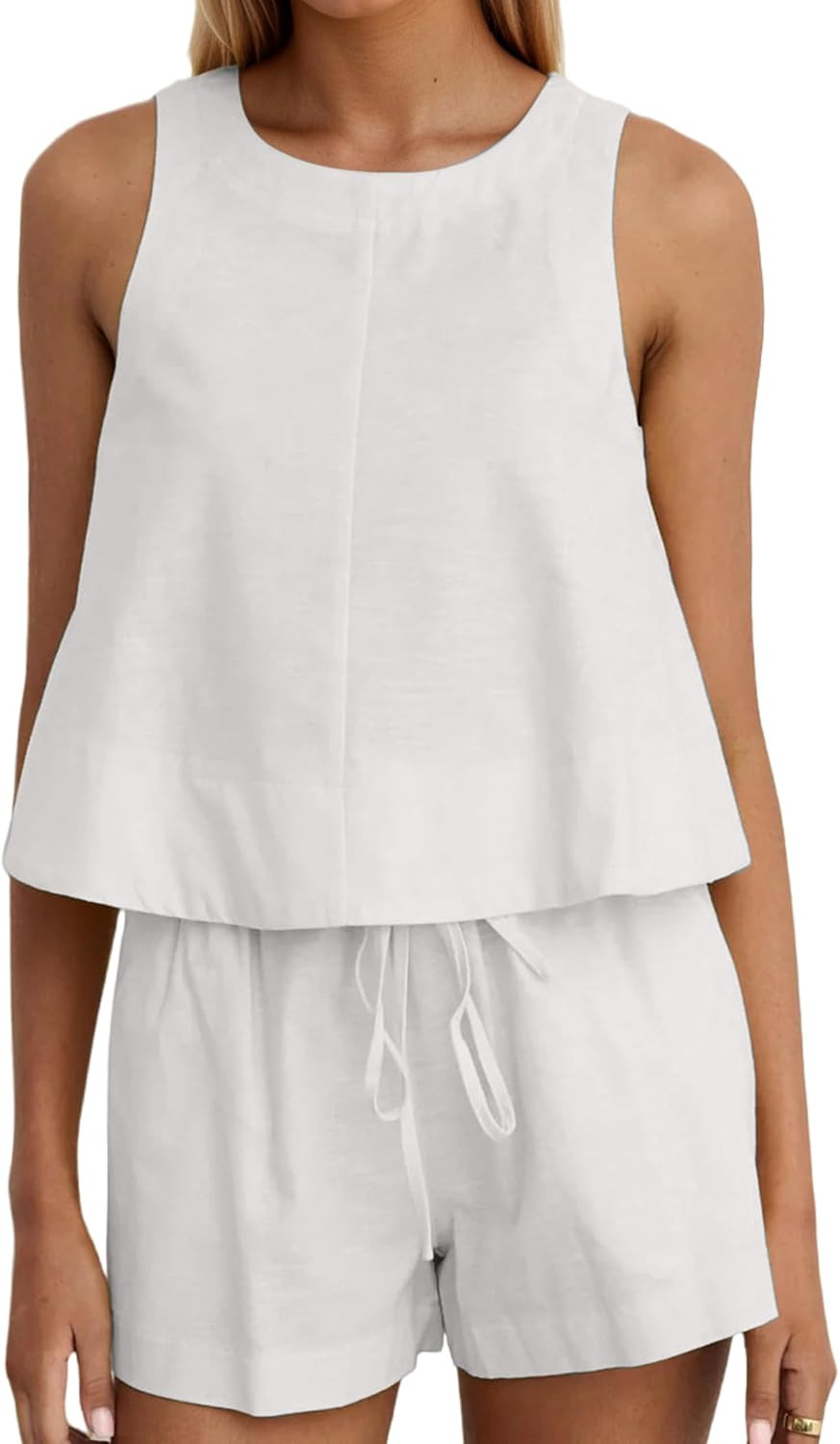 Ythomm Womens Two Piece Lounge Sets Round Neck Peplum Tops High Waist Linen Shorts Summer Matching Sets Beach Travel Outfits | Amazon (US)