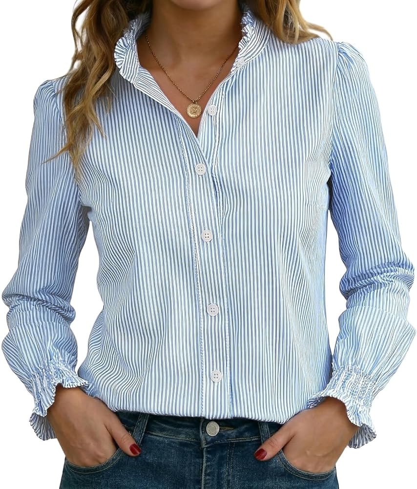 Funlingo Women's Striped Button Down Shirts Long Sleeve Smocked Cuffed Ruffle Collar Blouses Spri... | Amazon (US)
