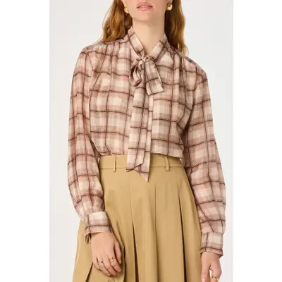 ASTR the Label Mabry Tie Neck Long Sleeve Top in Brown Plaid at Nordstrom, Size Small | Nordstrom