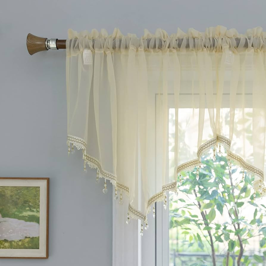 PearAge Beaded Sheer Valance Curtains for Living Room,Rod Pocket Farmhouse Window Valance, Bead T... | Amazon (US)