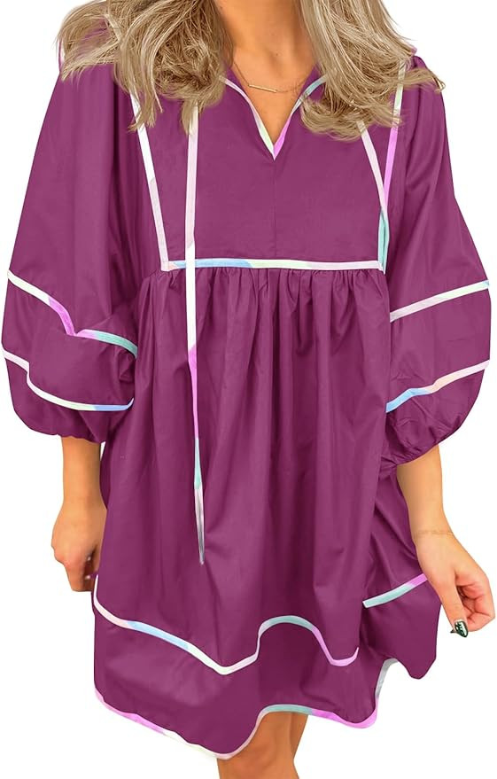 Cicy Bell Womens Babydoll Mini Dresses 3/4 Puff Sleeve V Neck Dress Casual Loose Fit Patchwork Pl... | Amazon (US)